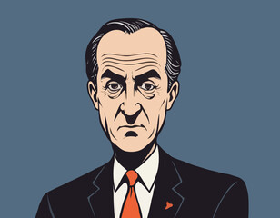 Ironic man. Malevolent politician. Cartoon character. Halftone background 