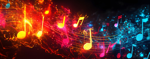 Fototapeta premium A vibrant digital artwork featuring colorful musical notes floating through an abstract, dynamic space of light trails and glowing particles