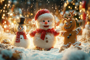 A joyful 3D illustration  Santa Claus, a Snowman, a Gingerbread Cookie, and a Reindeer are playing with snow, celebrating the New Year with a Christmas background