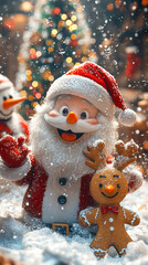 A joyful 3D illustration  Santa Claus, a Snowman, a Gingerbread Cookie, and a Reindeer are playing with snow, celebrating the New Year with a Christmas background