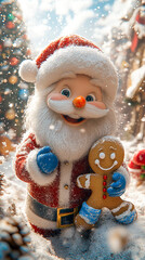 A joyful 3D illustration  Santa Claus, a Snowman, a Gingerbread Cookie, and a Reindeer are playing with snow, celebrating the New Year with a Christmas background