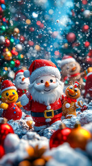 A joyful 3D illustration  Santa Claus, a Snowman, a Gingerbread Cookie, and a Reindeer are playing with snow, celebrating the New Year with a Christmas background