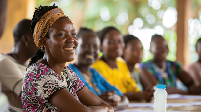 Community members participating in global health education sessions