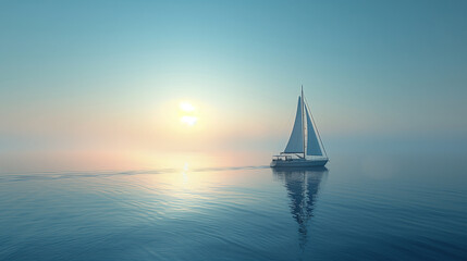 Fototapeta premium a sailboat on the water at sunrise. The boat is white, and the sky is a gradient of orange and blue.
