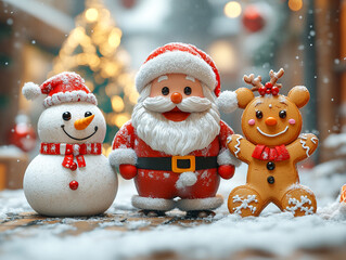 A joyful 3D illustration  Santa Claus, a Snowman, a Gingerbread Cookie, and a Reindeer are playing with snow, celebrating the New Year with a Christmas background