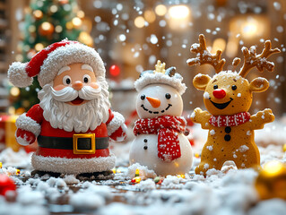 A joyful 3D illustration  Santa Claus, a Snowman, a Gingerbread Cookie, and a Reindeer are playing with snow, celebrating the New Year with a Christmas background