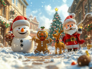 A joyful 3D illustration  Santa Claus, a Snowman, a Gingerbread Cookie, and a Reindeer are playing with snow, celebrating the New Year with a Christmas background