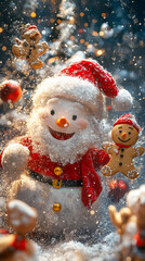 A joyful 3D illustration  Santa Claus, a Snowman, a Gingerbread Cookie, and a Reindeer are playing with snow, celebrating the New Year with a Christmas background