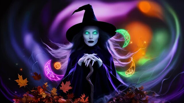 witch with glowing green eyes and flowing white hair holds a magical staff emitting neon light against a dark background with swirling autumn leaves and bokeh lights. Halloween greeting card