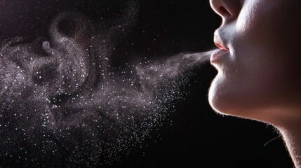 A woman is blowing smoke out of her mouth