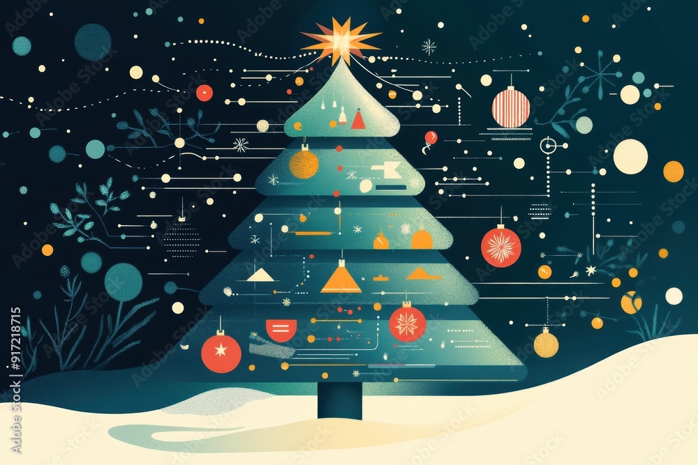 Wall mural a christmas tree illustration designed as an infographic with data points, geometric shapes, and orn