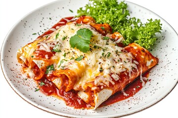 Chicken enchiladas with red sauce and cheese isolated on a white, top view