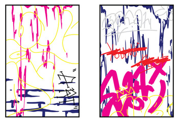 Graffiti poster or flyer design templates with colorful tags, grunge, scribblers and throw-up. Hand-drawn abstract graffiti vector designs