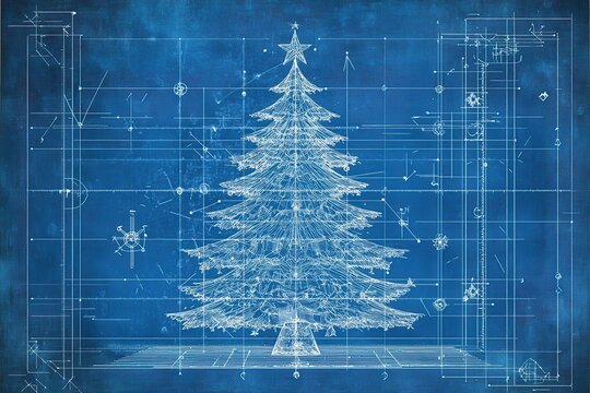 Christmas tree blueprint on blue background 
