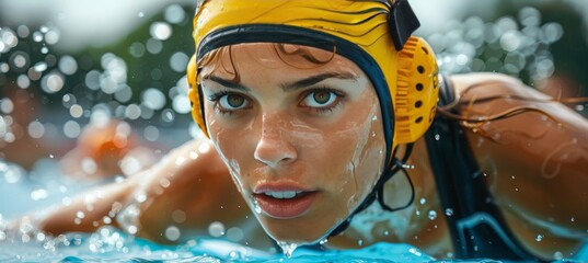 Intense competition  professional female water polo player in action during a high level game