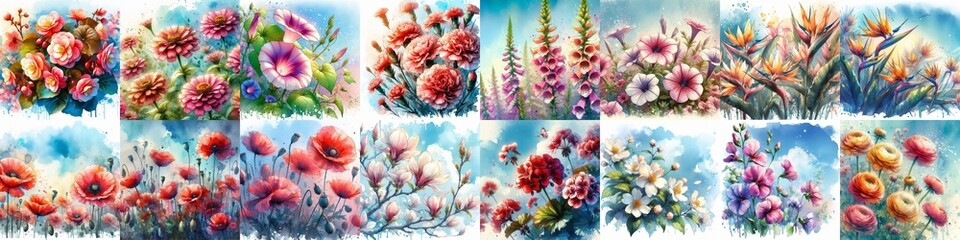Flowers draw in watercolor splash style. AI generated illustration