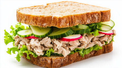 A sandwich, cut diagonally, revealing its layers. The sandwich consists of two slices of brown bread, with a filling that appears to be a creamy salad made of tuna or chicken, mixed with vegetables