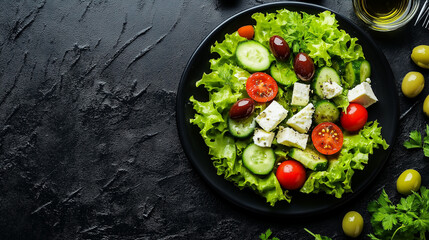 A vibrant and fresh salad placed on a black plate. The salad consists of lettuce, cherry tomatoes, cucumbers, olives, and chunks of white cheese
