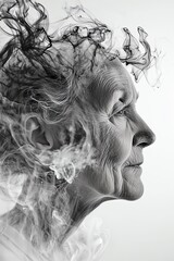 Fototapeta premium Abstract portrait of an elderly woman with swirling smoke or ink around her head. The image is in black and white.