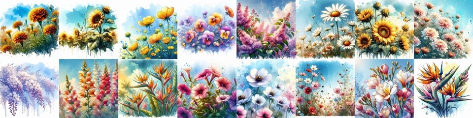 Flowers draw in watercolor splash style. AI generated illustration