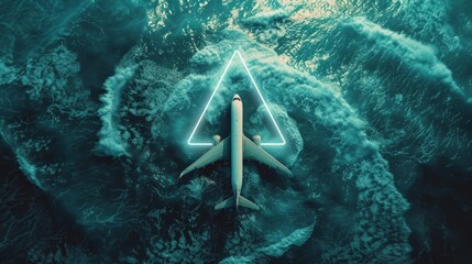A plane flying over the ocean entering a Bermuda Triangle vortex, evoking a sense of dread and danger.