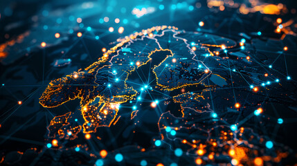 Dynamic digital world map emphasize Scaninavia. Global network connectivity, big data transfer
