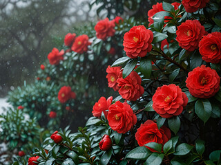 Camellia blooming in the snow