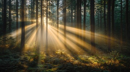 Golden hour sunlight streaming through forest