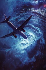 Fototapeta premium A plane flying over the ocean entering a Bermuda Triangle vortex, evoking a sense of dread and danger.