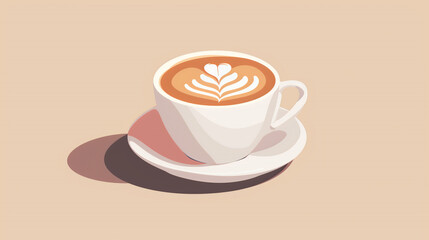 Obraz premium Minimalist illustration of a cup of coffee with latte art in the shape of a heart on the surface of the drink. The illustration is done in soft pastel tones, with minimal details