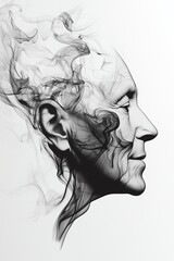 Fototapeta premium Abstract portrait of a man with wispy smoke-like lines covering his face. Black and white, artistic, and contemplative.