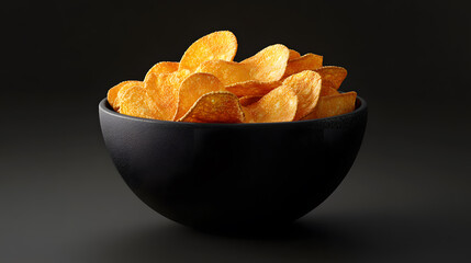 A close-up of crispy potato chips in a black bowl, isolated on a black background
