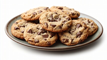 A plate filled with freshly baked homemade chocolate chip cookies, showcasing a delicious and classic dessert perfect for any occasion.