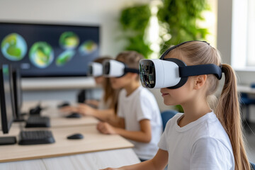 A futuristic classroom where students use AR and VR tools to engage in immersive learning experience