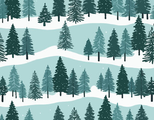 Pine Trees. Trunks of fir and Spruce. Snow frosty landscape. Beautiful Forest Panorama. Illustration in cartoon style flat design. Vector