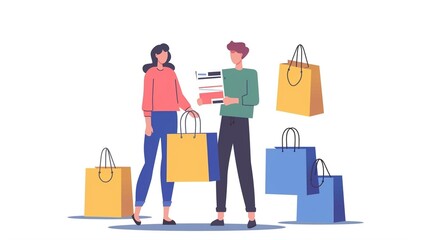 In a flat design style, a customer smiles as they receive a discounted receipt, with their shopping bags neatly arranged around them.