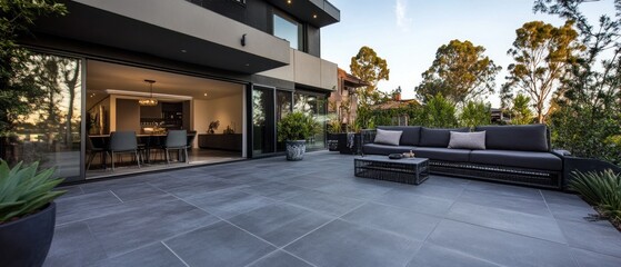 Outdoor terrace area with grey floor tile with sitting area