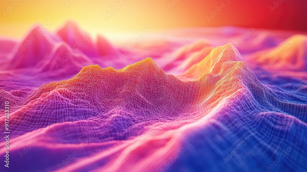 Fototapete a colorful wireframe mountain scene with sharp foreground detail and a blurred background, creating 
