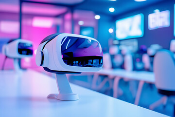 A futuristic classroom where students use AR and VR tools to engage in immersive learning experience