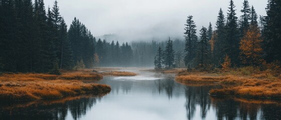 forest in the autumn season, beautiful nature, rainy weather, cloudy