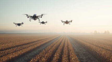 A fleet of drones flying over a vast agricultural field, monitoring crop health and growth. The sky is clear, leaving room for text.