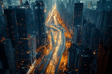 Long exposure highway road to the town, Traffic light at night in civilization city.