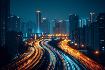 Long exposure traffic at night in civilization city.
