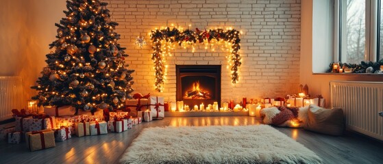 Christmas Room Interior Design, Xmas Tree Decorated By Lights Presents Gifts Toys, Candles And Garland Lighting Indoors Fireplace