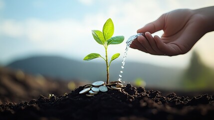 A hand watering a plant growing out of coins, symbolizing nurturing business success. The sky in the background is clear, with room for text.