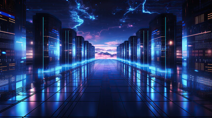 generated illustration of data centre space storage system blue tone.