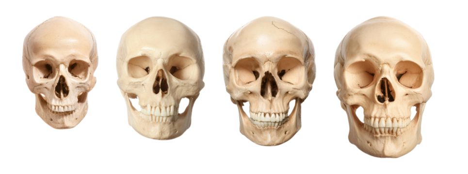 A collection of human skull models showcasing different anatomical perspectives and features for educational use.