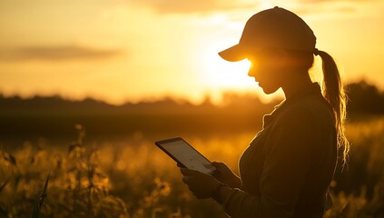 Woman farmer uses a tablet computer to analyze crop yield in a field at sunset.