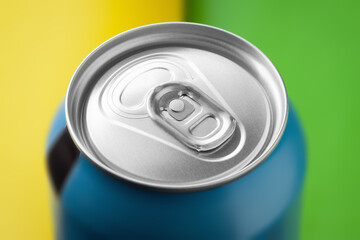 Aluminum can on a colored background close-up. Selective focus
