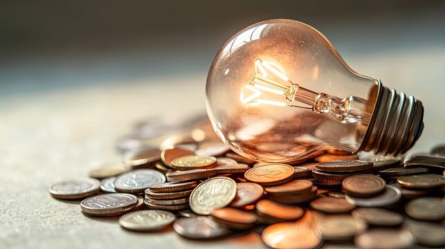 A light bulb sitting on a pile of coins, with more coins visible inside the bulb. The background is a soft gradient, ideal for placing text.